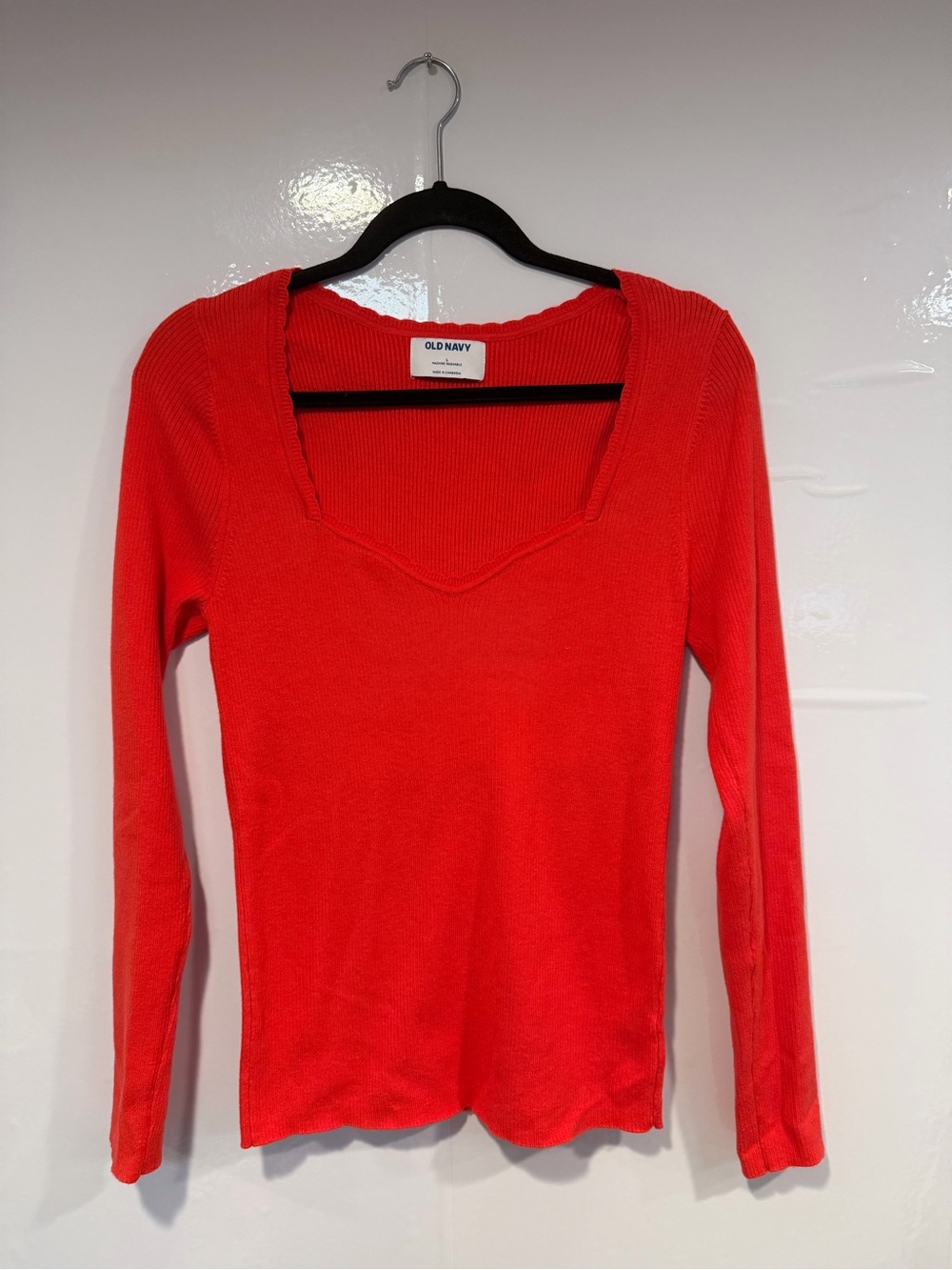 Old Navy Red Ribbed Long-Sleeve Square Neck Ruffle Hem Top Womens Large